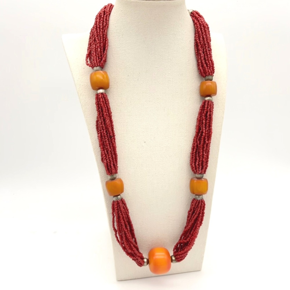Vintage Red Multi-Strand Seed Bead Necklace with Butterscotch Resin Accents 29"